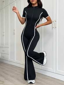 Dewbera Dewbera 1pc Black Contrast Color Jumpsuit, Shaping Yoga Outfit, Soft & Comfortable Fit, Suitable For Sports, Fitness, Workout - Black - View 5