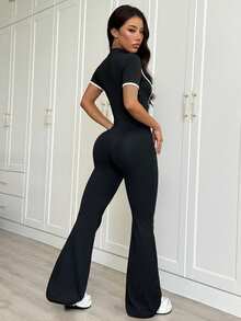 Dewbera Dewbera 1pc Black Contrast Color Jumpsuit, Shaping Yoga Outfit, Soft & Comfortable Fit, Suitable For Sports, Fitness, Workout - Black - View 2