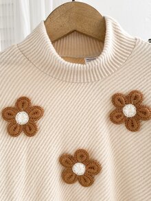 SHEIN Elladie kids 2件組女童幼兒套裝，溫柔復古風，3D鉤編花朵貼飾裝飾，高領蝙蝠袖長袖不對稱下擺上衣，搭配直條紋開衩喇叭褲，獨特時尚套裝，適合日常穿著、休閒聚會，秋冬季 - 卡其色 - 查看 7