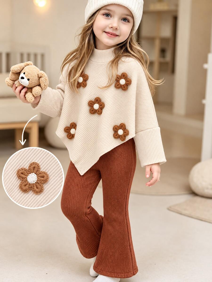 SHEIN Elladie kids 2件組女童幼兒套裝,溫柔復古風,3D鉤編花朵貼飾裝飾,高領蝙蝠袖長袖不對稱下擺上衣,搭配直條紋開衩喇叭褲,獨特時尚套裝,適合日常穿著、休閒聚會,秋冬季 - 卡其色 - 查看 1