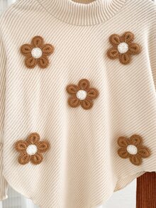SHEIN Elladie kids 2件組女童幼兒套裝，溫柔復古風，3D鉤編花朵貼飾裝飾，高領蝙蝠袖長袖不對稱下擺上衣，搭配直條紋開衩喇叭褲，獨特時尚套裝，適合日常穿著、休閒聚會，秋冬季 - 卡其色 - 查看 8