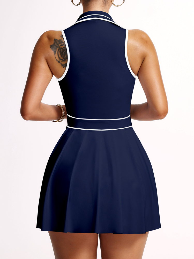 Dewbera Dewbera Women Striped Half Zip Sleeveless Pleated Casual Fitness Workout Athletic Dress - Navy Blue - View 7