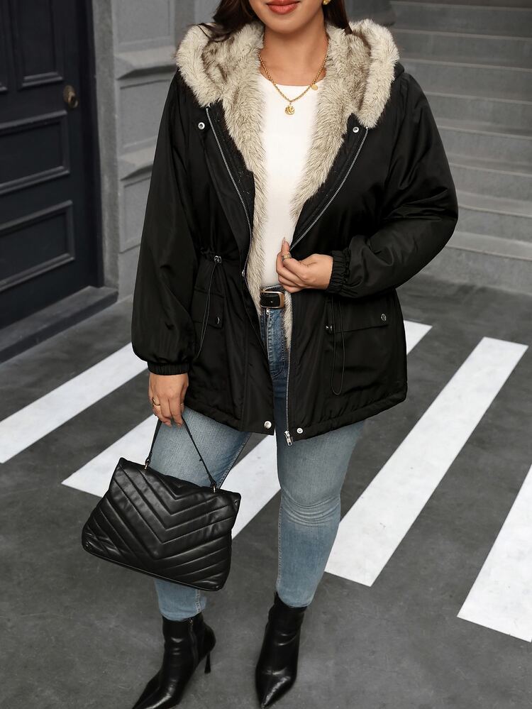 SHEIN Clasi Women Plus Size Patchwork Faux Fur Hooded Cinched Waist Padded Coat - Black - View 5