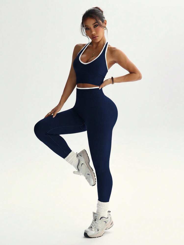 Dewbera Dewbera Conjunto deportivo de top corto de halter con ribete de contraste y leggings para mujer - Multicolor - Añade 7