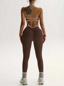 Dewbera Dewbera Contrast Trim Backless Halter Jumpsuit - Coffee Brown - View 5