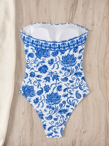 Swim Lushoire 經典藍白花卉圖案，靈感源自瓷器，優雅獨特且難以複製。無肩帶抹胸式設計，胸部與腰部採抓皺設計，巧妙遮掩腹部贅肉並優化腰線；修身剪裁展現自然曲線。非常適合海灘度假與溫泉之旅。 - 彩色 - 查看 4