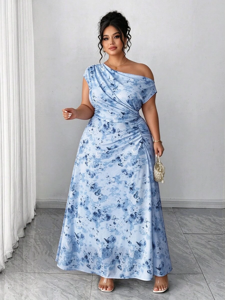 Elenzga Plus Size Elegant Date Night Party Off-Shoulder Cinched Waist Flattering Floral A-Line Maxi Dress - Blue - View 1