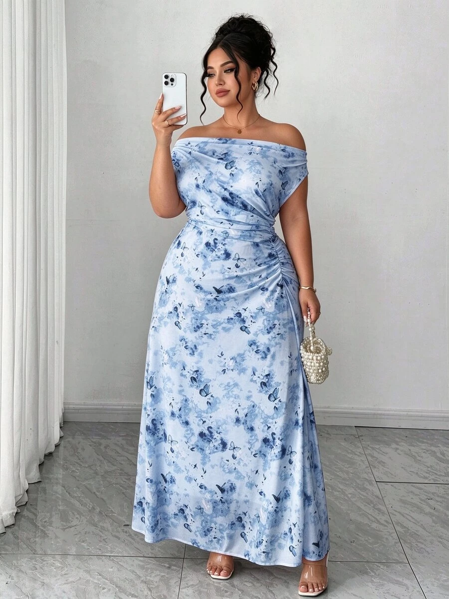 Elenzga فستان ماكسي أنيق بخصر مشدود وكتف مكشوف مع طبعات زهرية مناسب للمناسبات والسهرات للمقاسات الكبيرة - الأزرق - مشاهدة 1