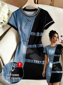 GlowEve [Denim Effect] Women's Casual Mid-Length Digital Print Denim Effect Round Neck Short Sleeve Dress Suitable For Work And Commuting - Multicolor - View 4