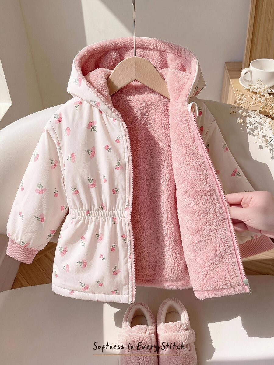 Cozy Pixies Baby Girl Woven Floral Pattern Faux Fur Stand Collar Hooded Casual Winter Jacket - Multicolor - View 1