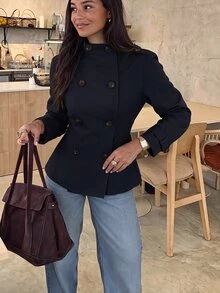 Brillora معطف ترنش نسائي بلون موحد مزين بأزرار وأكمام طويلة، خريف، شتاء - أزرق بحري - مشاهدة 8