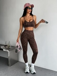 Dewbera Dewbera Seamless High Stretch Leopard Print Sports Bra And Leggings Set Workout Women Sets - Brown - View 1