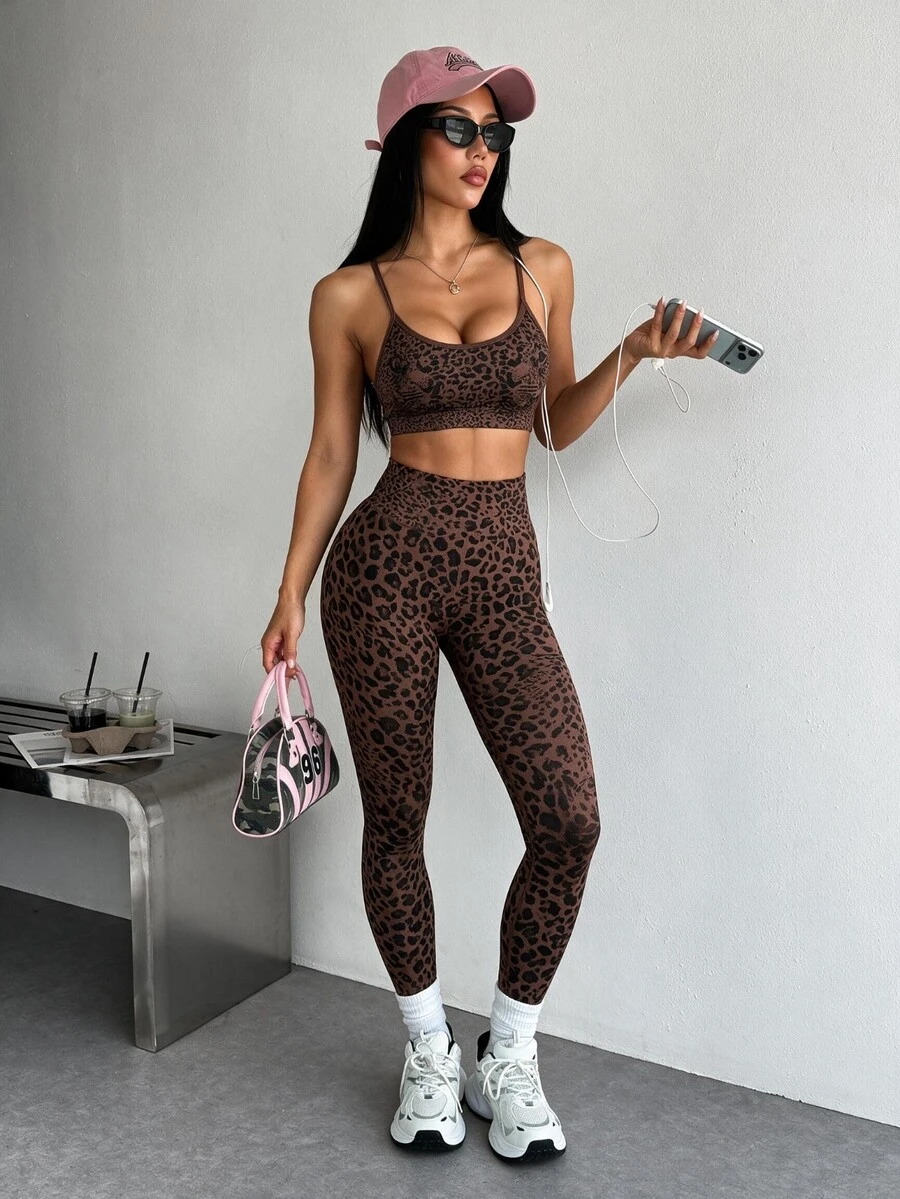 Dewbera Dewbera Seamless High Stretch Leopard Print Sports Bra And Leggings Set Workout Women Sets - Brown - View 1