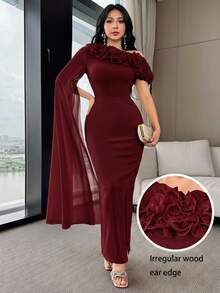 Feyla 女士纯色斜肩修身连衣裙，饰有3D立体花卉图案 - 酒紅色 - 查看 2