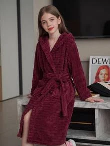 SHEIN 青少年女孩簡約秋冬舒適保暖加厚紅色居家服 - 紅色 - 查看 11