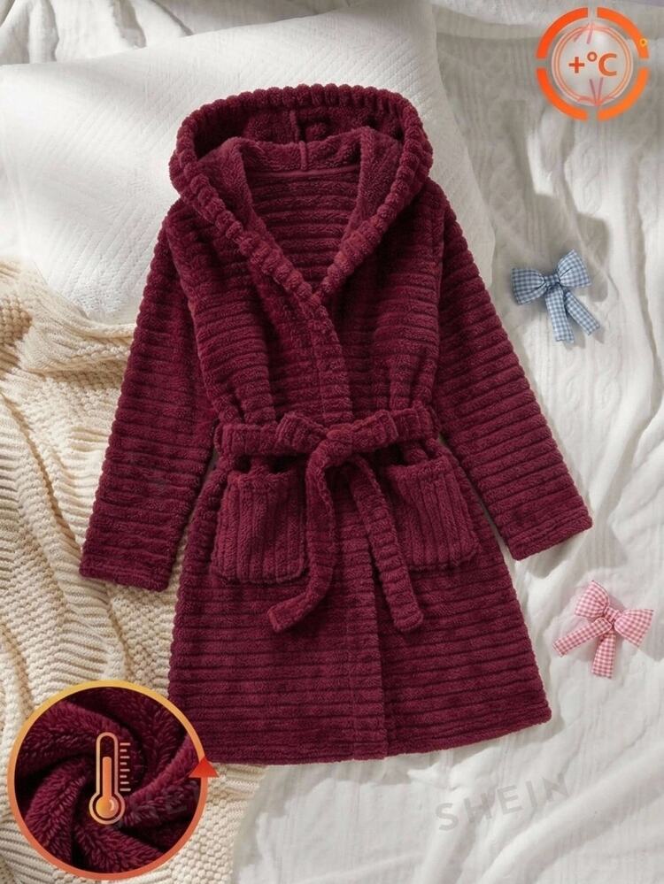 SHEIN Tween Girls Simple Autumn/Winter Comfortable Thermal Lined Thick Red Loungewear - Red - View 12