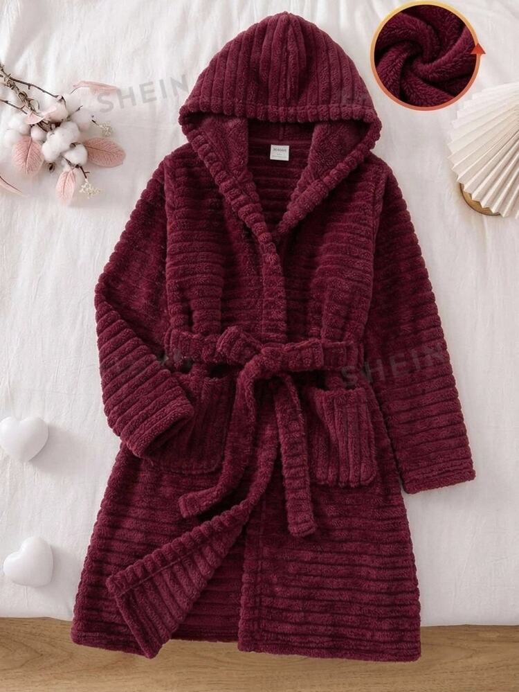 SHEIN Tween Girls Simple Autumn/Winter Comfortable Thermal Lined Thick Red Loungewear - Red - View 13