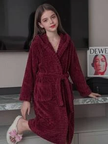 SHEIN 青少年女孩簡約秋冬舒適保暖加厚紅色居家服 - 紅色 - 查看 9