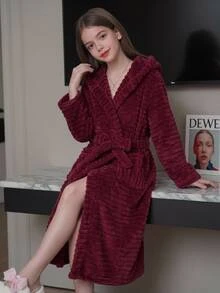 SHEIN 青少年女孩簡約秋冬舒適保暖加厚紅色居家服 - 紅色 - 查看 8