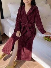 SHEIN 青少年女孩簡約秋冬舒適保暖加厚紅色居家服 - 紅色 - 查看 1