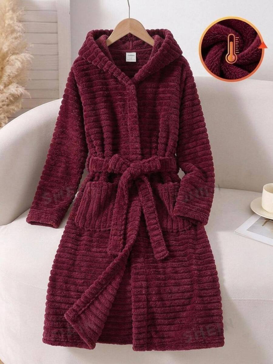 SHEIN Tween Girls Simple Autumn/Winter Comfortable Thermal Lined Thick Red Loungewear Kids