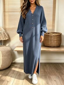 Holdful Holdful Middle-Aged Women Solid Color V-Neck Button Half-Placket Long Sleeve Split Hem Dress - Navy Blue - View 3
