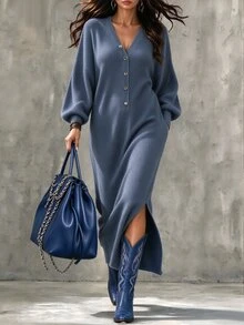 Holdful Holdful Middle-Aged Women Solid Color V-Neck Button Half-Placket Long Sleeve Split Hem Dress - Navy Blue - View 4