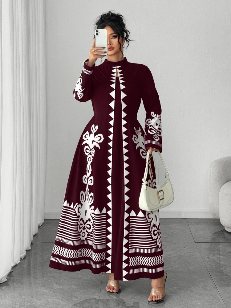 Elenzga Modest Burgundy Long Sleeve Dress For Women A Line Woven Folk Custom Pattern Stand Collar Belted Plus Size Maxi Dress Fall - Burgundy - View 8