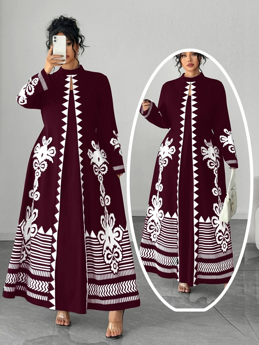 Elenzga Modest Burgundy Long Sleeve Dress For Women A Line Woven Folk Custom Pattern Stand Collar Belted Plus Size Maxi Dress Fall - Burgundy - View 1