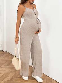 SHEIN Maternity Nursing Functional Button Tie Pocket Casual Jumpsuit - Apricot - View 5