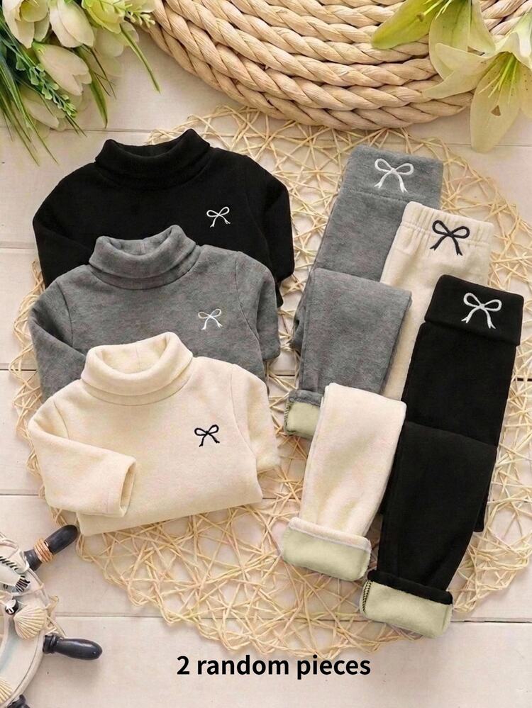 LMoss Kids Baby Girl Knit Solid Color Embroidered Bow Pattern 2pcs Bottoms Set Winter - Multicolor - View 1