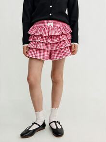 Maija Kids Maija Kids 女童蝴蝶结装饰格子层叠荷叶边短裙短裤 - 紅色 - 查看 2