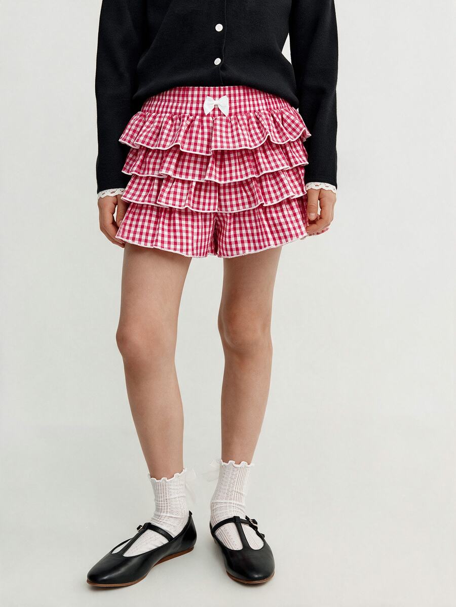 Maija Kids Maija Kids Tween Girls Bow Decor Plaid Layered Ruffle Skirt Shorts - Red - View 1