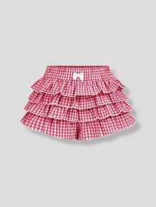 Maija Kids Maija Kids 女童蝴蝶结装饰格子层叠荷叶边短裙短裤 - 紅色 - 查看 1