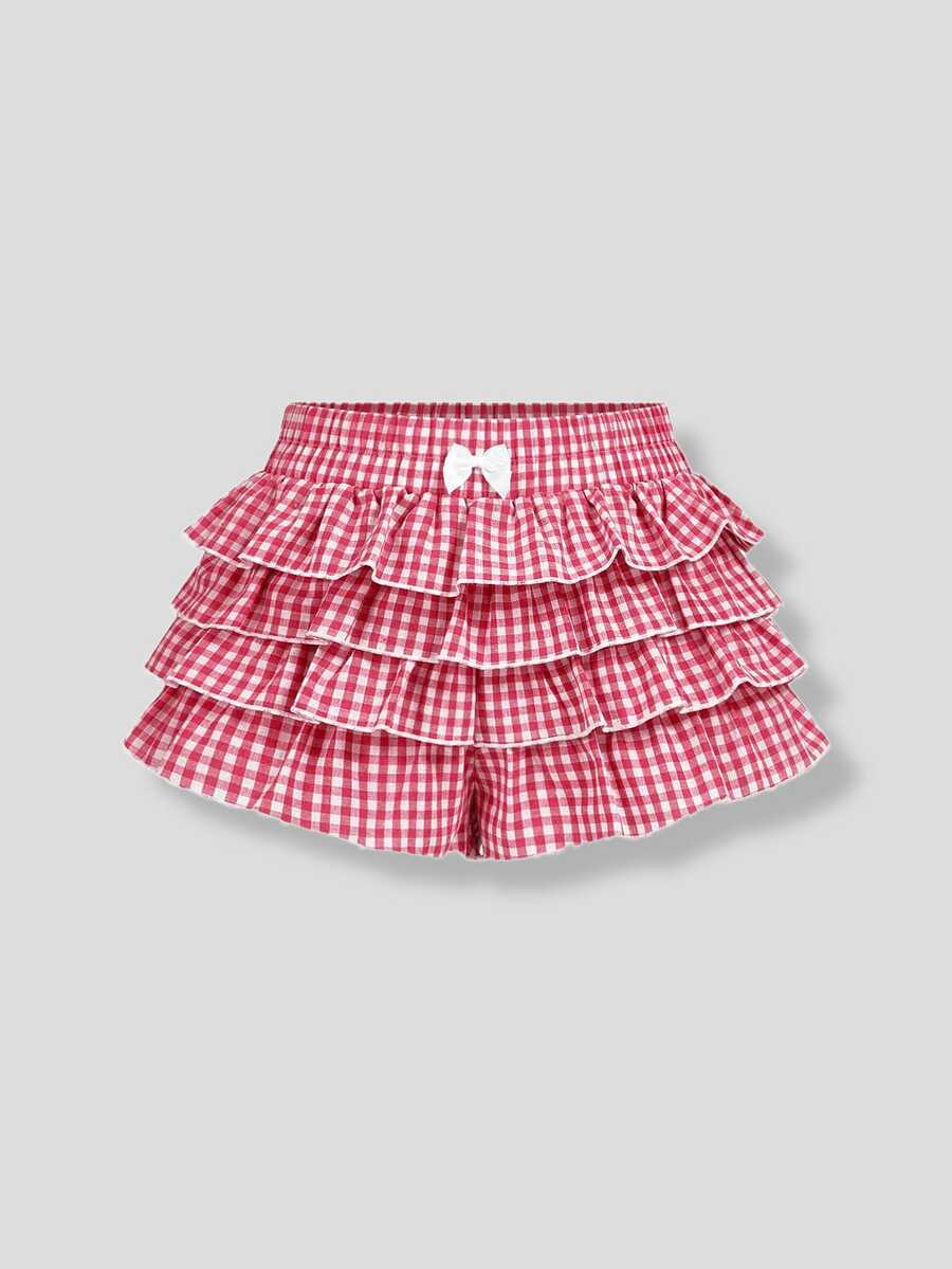 Maija Kids Maija Kids 女童蝴蝶结装饰格子层叠荷叶边短裙短裤 - 紅色 - 查看 1