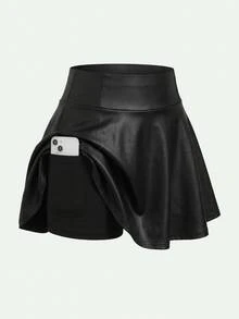 SHEIN 兒童青少年女孩純色PU皮革喇叭下擺裙 - 黑色 - 查看 1