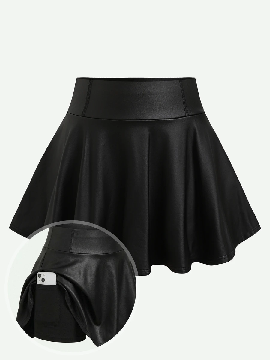 SHEIN Kids Tween Girl Solid PU Leather Flare Hem Skirt - Black - View 1