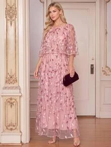 Amorya Women's Elegant Romantic Mid-Length Round Neck Dress With Botanical Sequin Mesh Wedding Mother Of The Bride Dinner Date Formal Graduation Party Pink - Pink - View 5