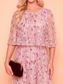 Amorya Women's Elegant Romantic Mid-Length Round Neck Dress With Botanical Sequin Mesh Wedding Mother Of The Bride Dinner Date Formal Graduation Party Pink - Pink - View 6
