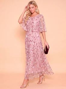Amorya Women's Elegant Romantic Mid-Length Round Neck Dress With Botanical Sequin Mesh Wedding Mother Of The Bride Dinner Date Formal Graduation Party Pink - Pink - View 10