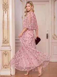 Amorya Women's Elegant Romantic Mid-Length Round Neck Dress With Botanical Sequin Mesh Wedding Mother Of The Bride Dinner Date Formal Graduation Party Pink - Pink - View 2