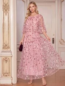 Amorya Women's Elegant Romantic Mid-Length Round Neck Dress With Botanical Sequin Mesh Wedding Mother Of The Bride Dinner Date Formal Graduation Party Pink - Pink - View 4