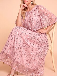 Amorya Women's Elegant Romantic Mid-Length Round Neck Dress With Botanical Sequin Mesh Wedding Mother Of The Bride Dinner Date Formal Graduation Party Pink - Pink - View 11