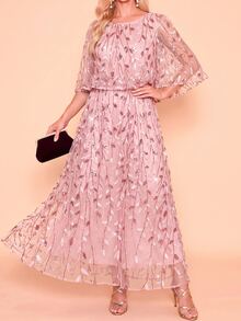 Amorya Women's Elegant Romantic Mid-Length Round Neck Dress With Botanical Sequin Mesh Wedding Mother Of The Bride Dinner Date Formal Graduation Party Pink - Pink - View 8
