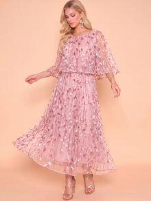 Amorya Women's Elegant Romantic Mid-Length Round Neck Dress With Botanical Sequin Mesh Wedding Mother Of The Bride Dinner Date Formal Graduation Party Pink - Pink - View 14