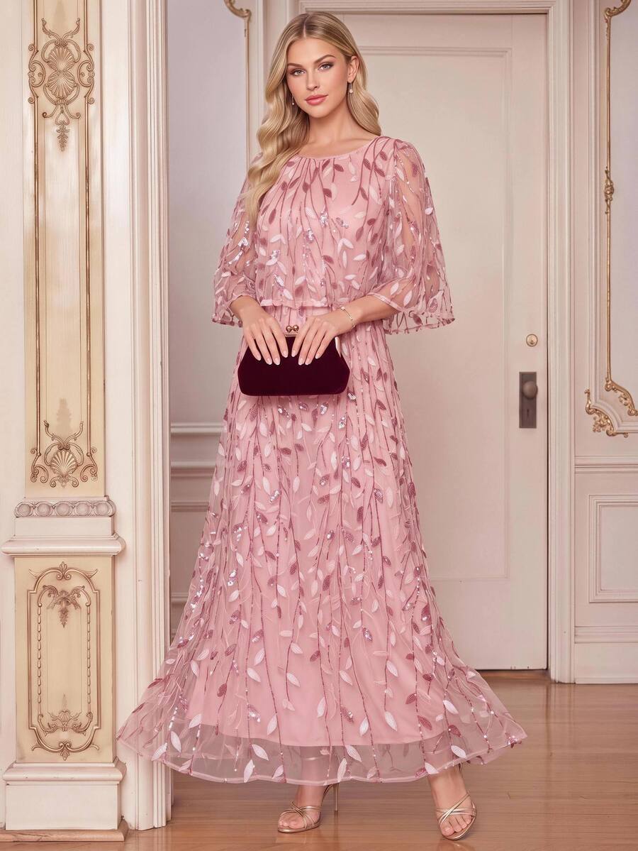 Amorya Women's Elegant Romantic Mid-Length Round Neck Dress With Botanical Sequin Mesh Wedding Mother Of The Bride Dinner Date Formal Graduation Party Pink - Pink - View 1