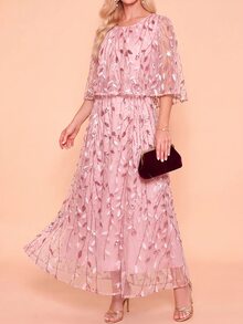 Amorya Women's Elegant Romantic Mid-Length Round Neck Dress With Botanical Sequin Mesh Wedding Mother Of The Bride Dinner Date Formal Graduation Party Pink - Pink - View 7