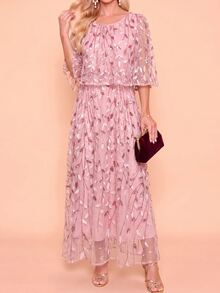 Amorya Women's Elegant Romantic Mid-Length Round Neck Dress With Botanical Sequin Mesh Wedding Mother Of The Bride Dinner Date Formal Graduation Party Pink - Pink - View 9