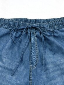 SHEIN Holidaya 女款休閒錐形牛仔印花長褲，夏季休閒度假褲，標準版型慢跑褲，彈性腰頭，斜口袋，抽繩綁帶，返校長褲，女款通勤穿搭長褲，假日穿搭長褲，度假穿搭，外出長褲 - 中等水洗藍 - 查看 6