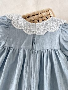 Cozy Pixies Baby Girl Floral Print Petal Sleeve Cinched Waist Dress - Teal Blue - View 5